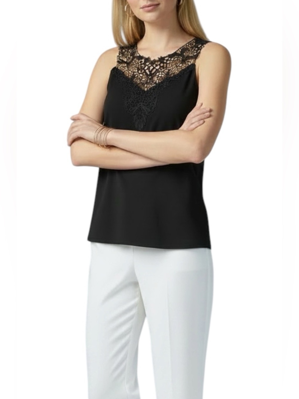 Joseph Ribkoff Black Crochet Neck Sleeveless Top 2 X-Small